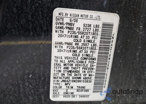 2009 Nissan Murano Le z USA, uszkodzony, nr VIN JN8AZ18W29W153938